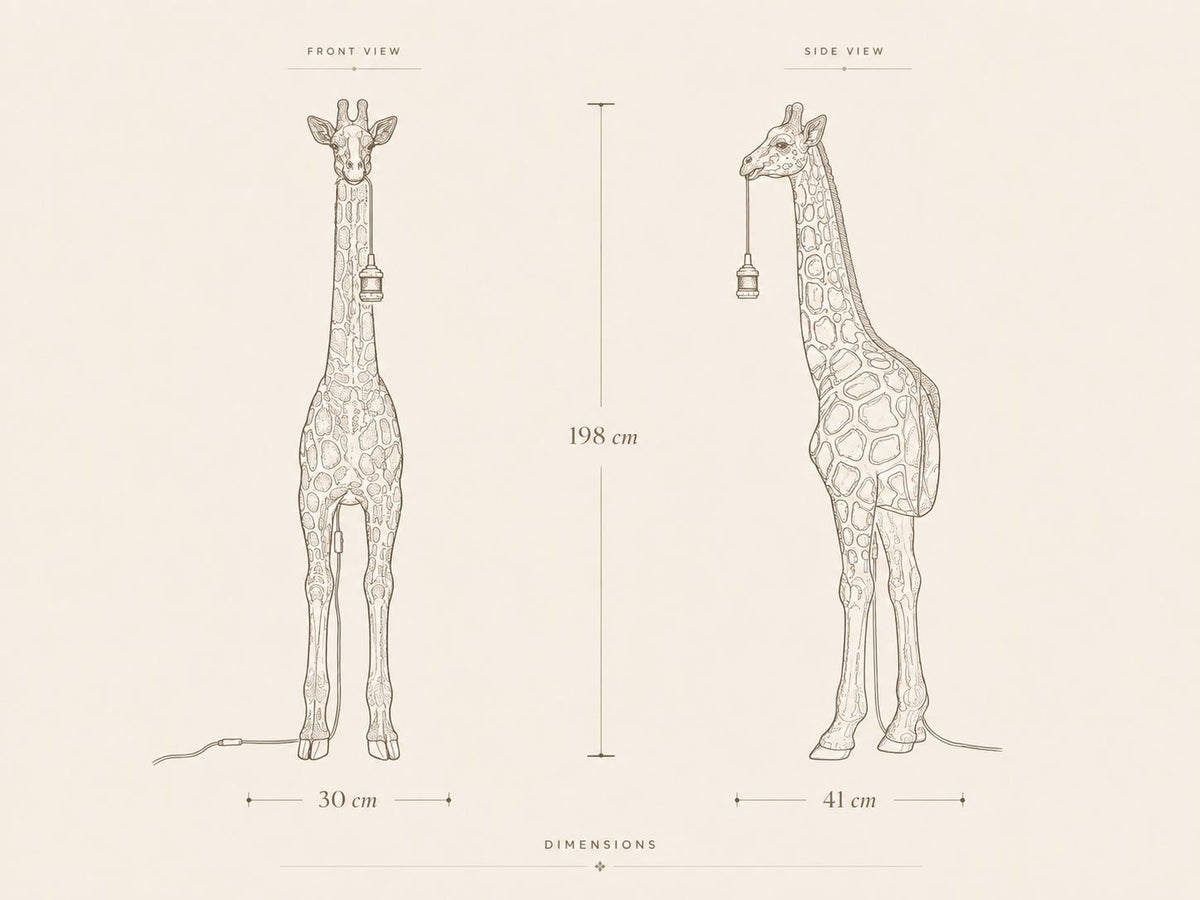 Schéma technique du Lampadaire Girafe DUNE & CO — dimensions 30 x 41 x 198 cm, vues de face et de côté