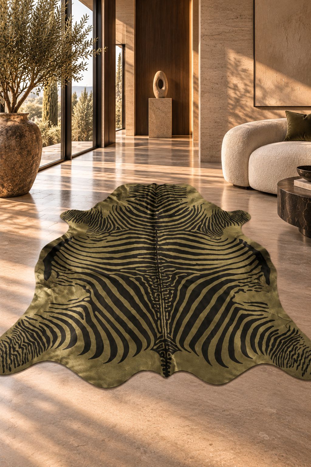 Peau de vache française kaki imprimée zèbre dans un salon contemporain haut de gamme