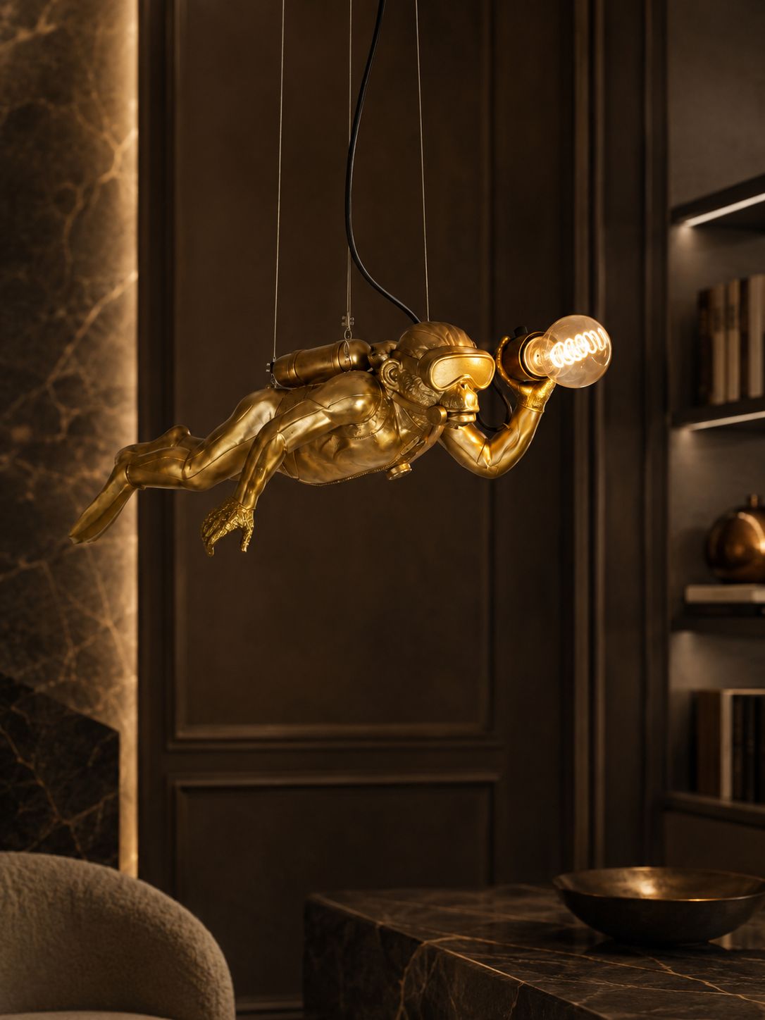 Plafonnier Diver Dave doré présenté dans un intérieur élégant DUNE & CO