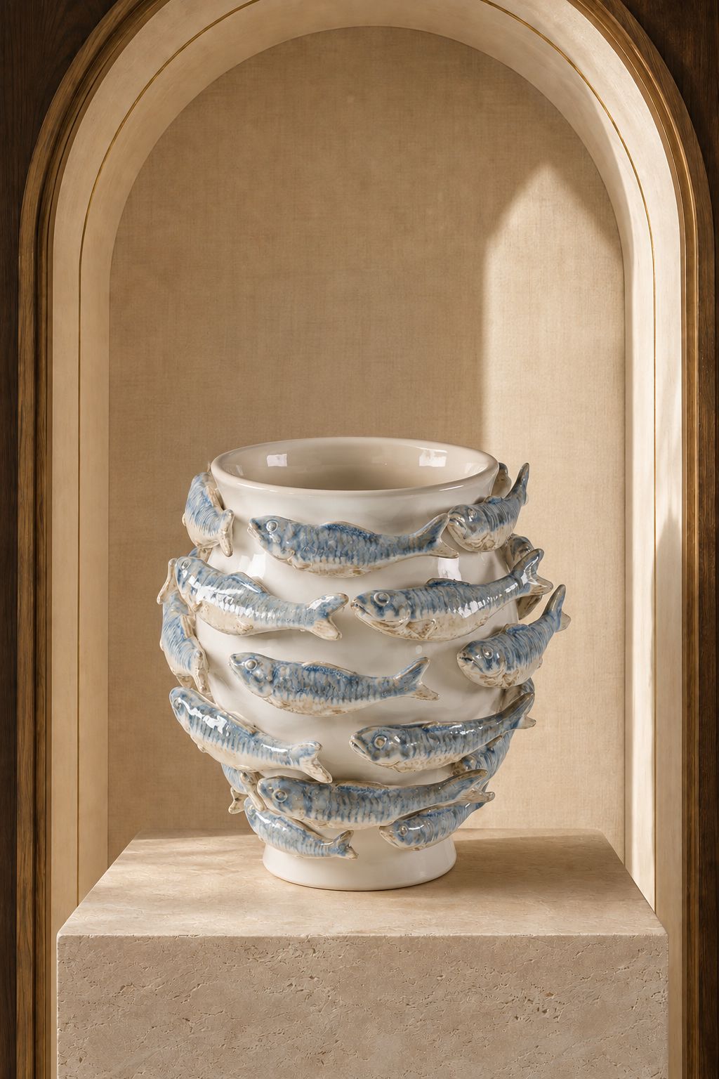 Vase Poissons Blancs en céramique blanche avec poissons en relief bleu-gris, présenté vide dans une niche en pierre sur un piédestal, DUNE & CO