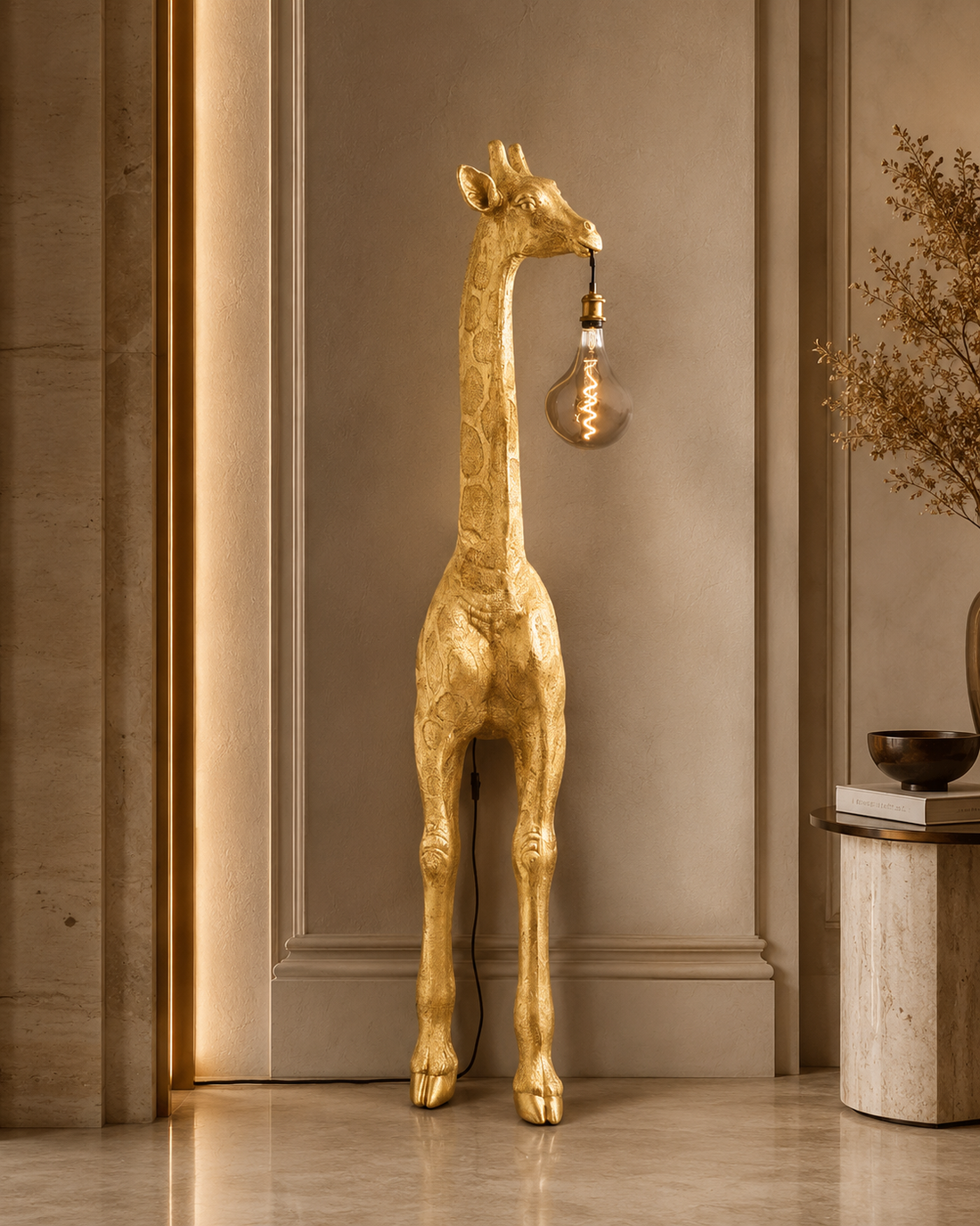 Lampadaire Girafe doré DUNE & CO dans un intérieur élégant, présenté comme une sculpture lumineuse.
