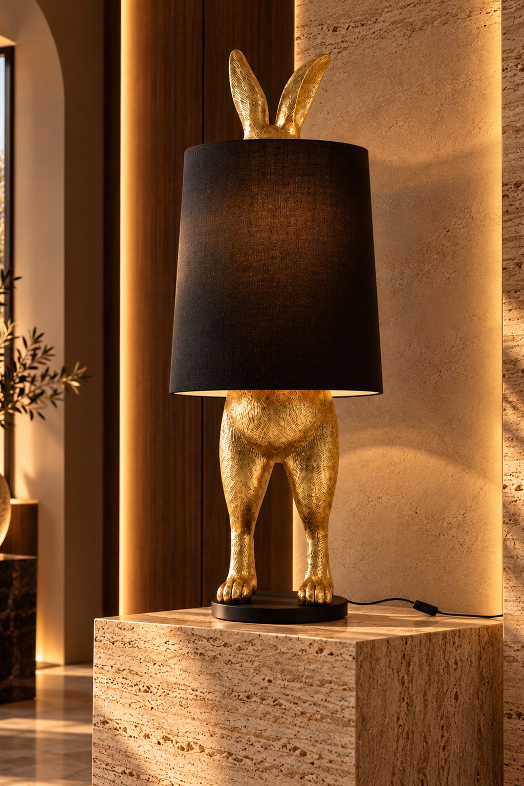 Lampadaire Hiding Rabbit doré et noir sur travertin dans un intérieur contemporain