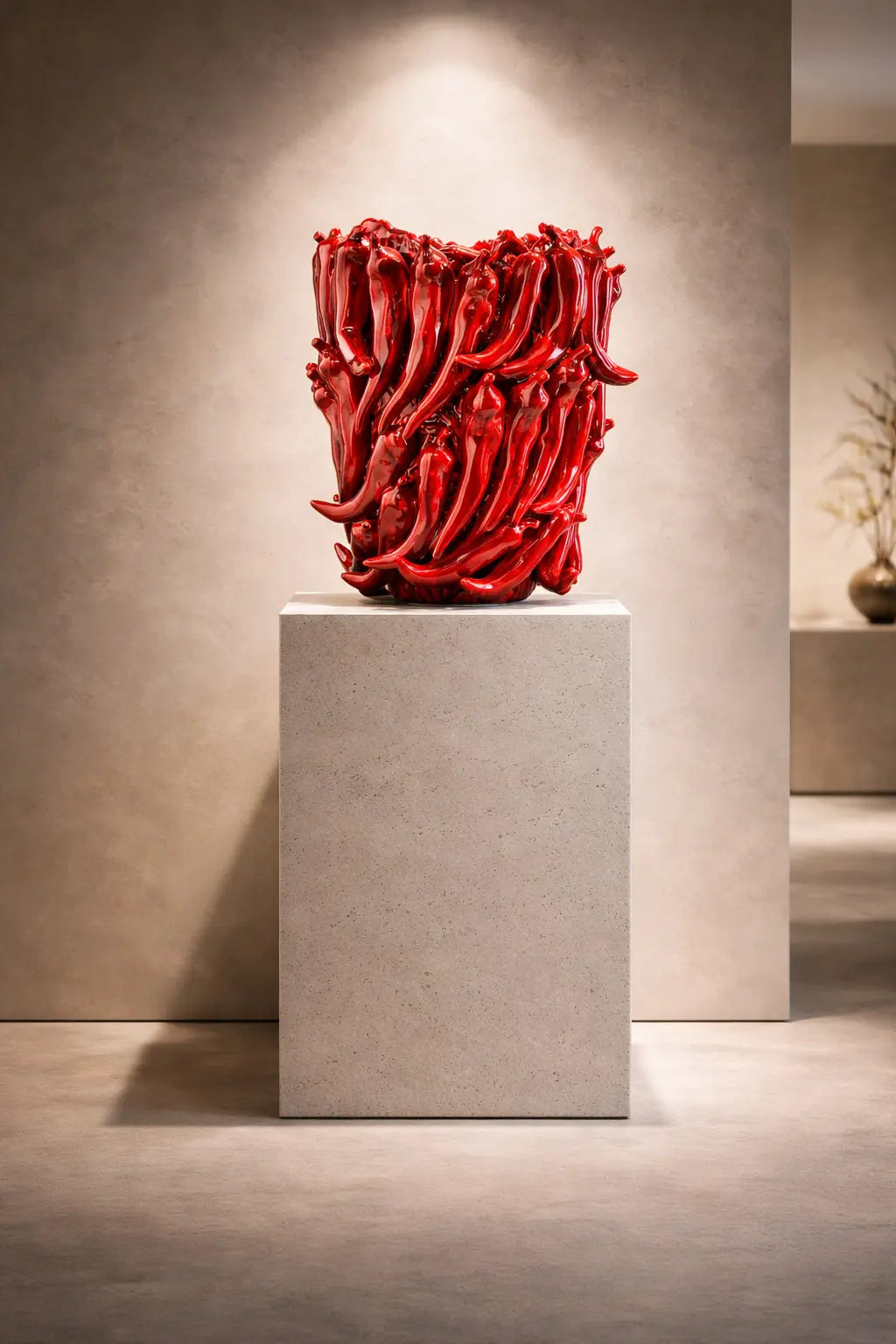 Vase Chili édition limitée, grès céramique rouge émaillé, sculpture organique 30 cm sur socle de pierre, DUNE & CO