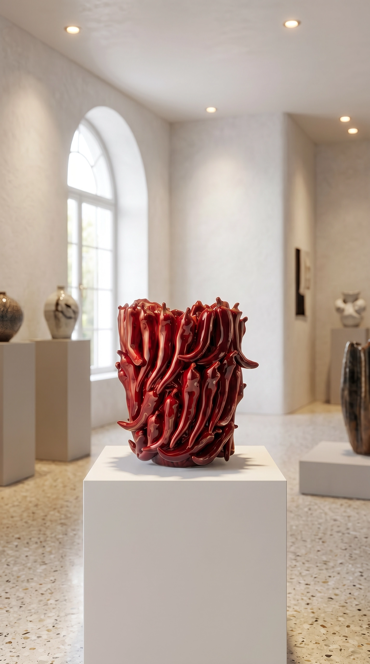 Vase Chili édition limitée présenté sur socle dans galerie d'art épurée, ambiance muséale DUNE & CO