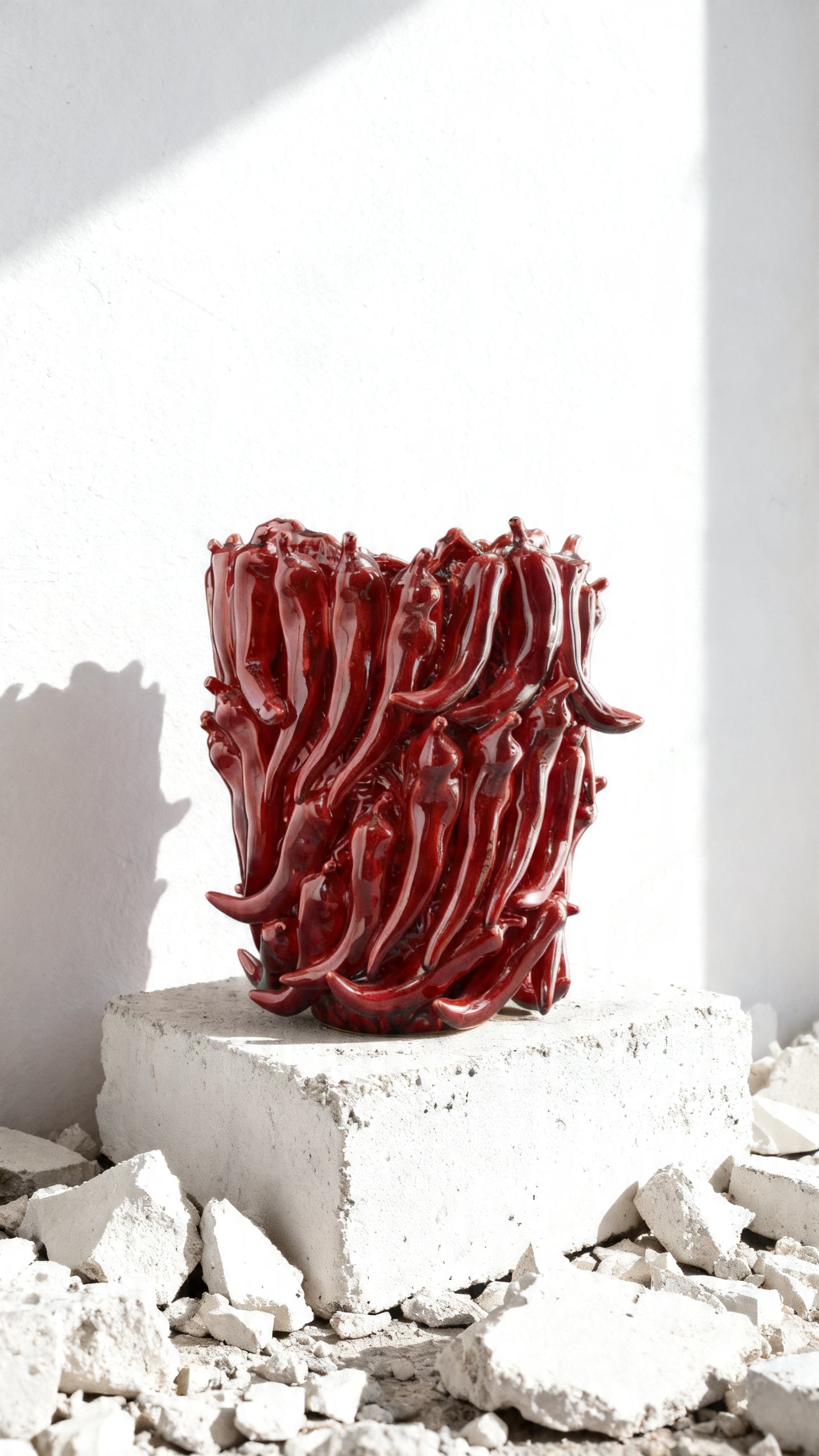 Vase Chili édition limitée sur socle de pierre brute, contraste sculptural entre matière brute et finition émaillée DUNE & CO