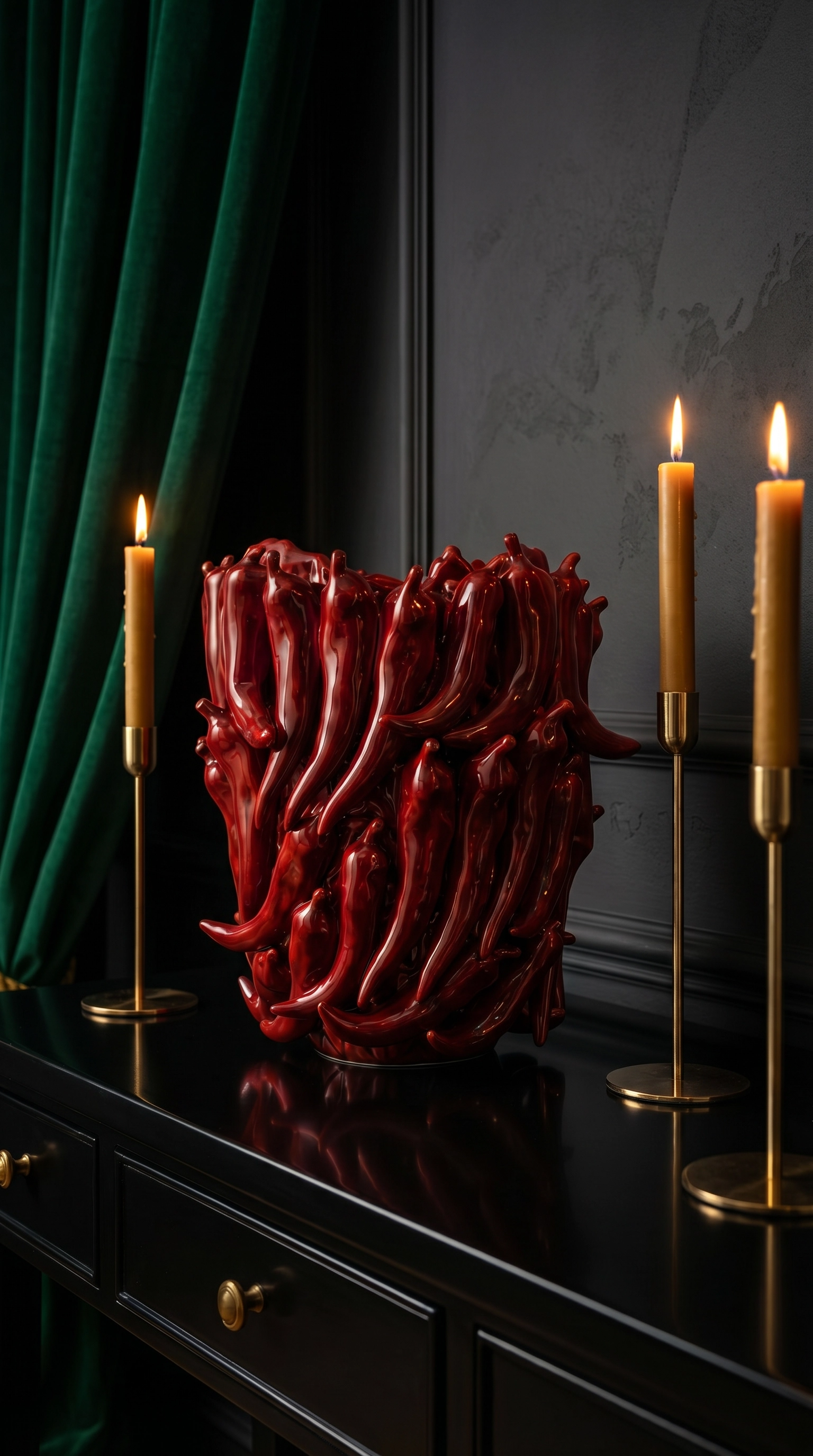 Vase Chili édition limitée mis en scène avec rideau de velours vert et bougies, ambiance intérieur intimiste DUNE & CO