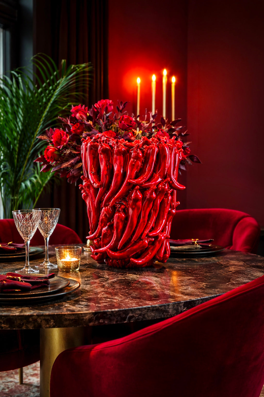 Vase Chili édition limitée en mise en scène table dîner avec bougies, ambiance intérieur premium DUNE & CO