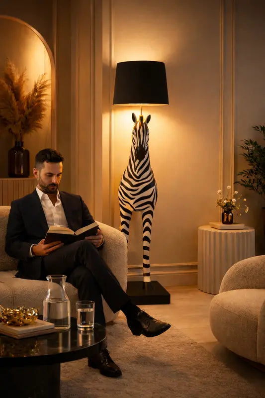 Lampadaire Zèbre, sculpture lumineuse en intérieur premium avec lecteur en costume, présence statement DUNE & CO