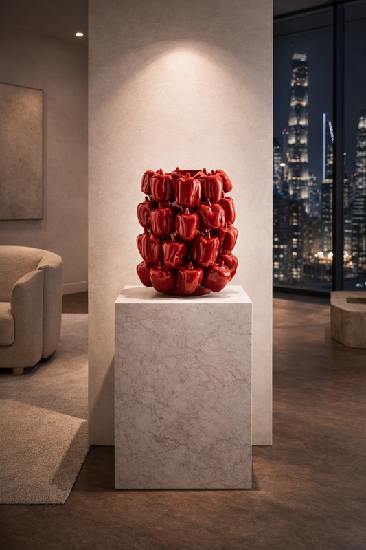 Vase Paprika édition limitée, grès céramique rouge intense, sculpture organique fait main, DUNE & CO