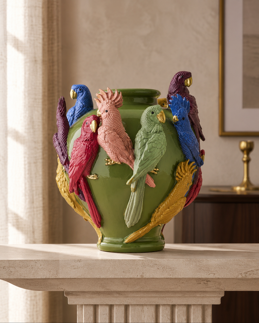 Vase Perroquets — Résine, Vert