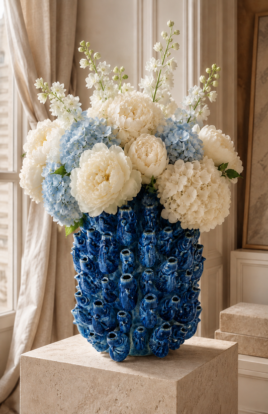 Vase Banc de Poissons — Céramique Bleue Émaillée