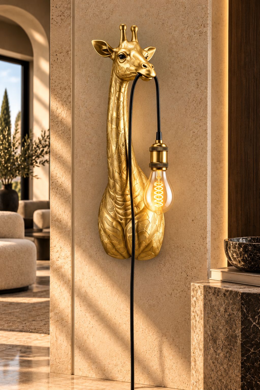 Applique Girafe dorée DUNE & CO avec ampoule Edison suspendue, présentée sur un mur en pierre dans un intérieur haut de gamme.