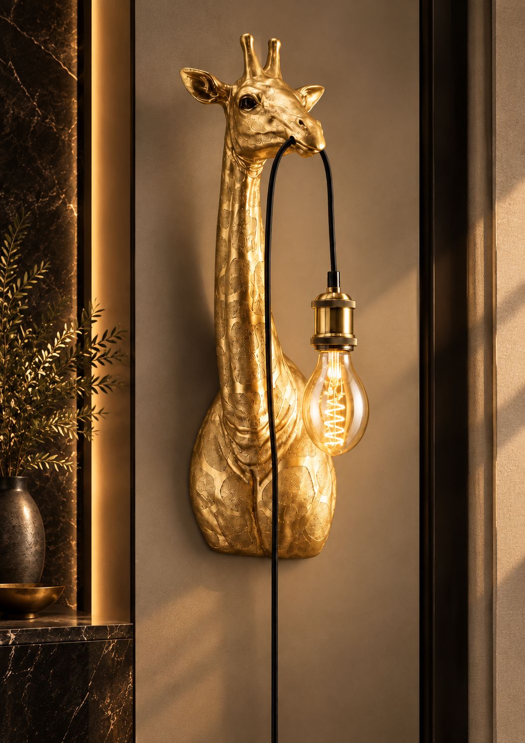 Applique Girafe sculpturale dorée DUNE & CO, avec ampoule apparente, dans un intérieur raffiné aux tons pierre et bois.