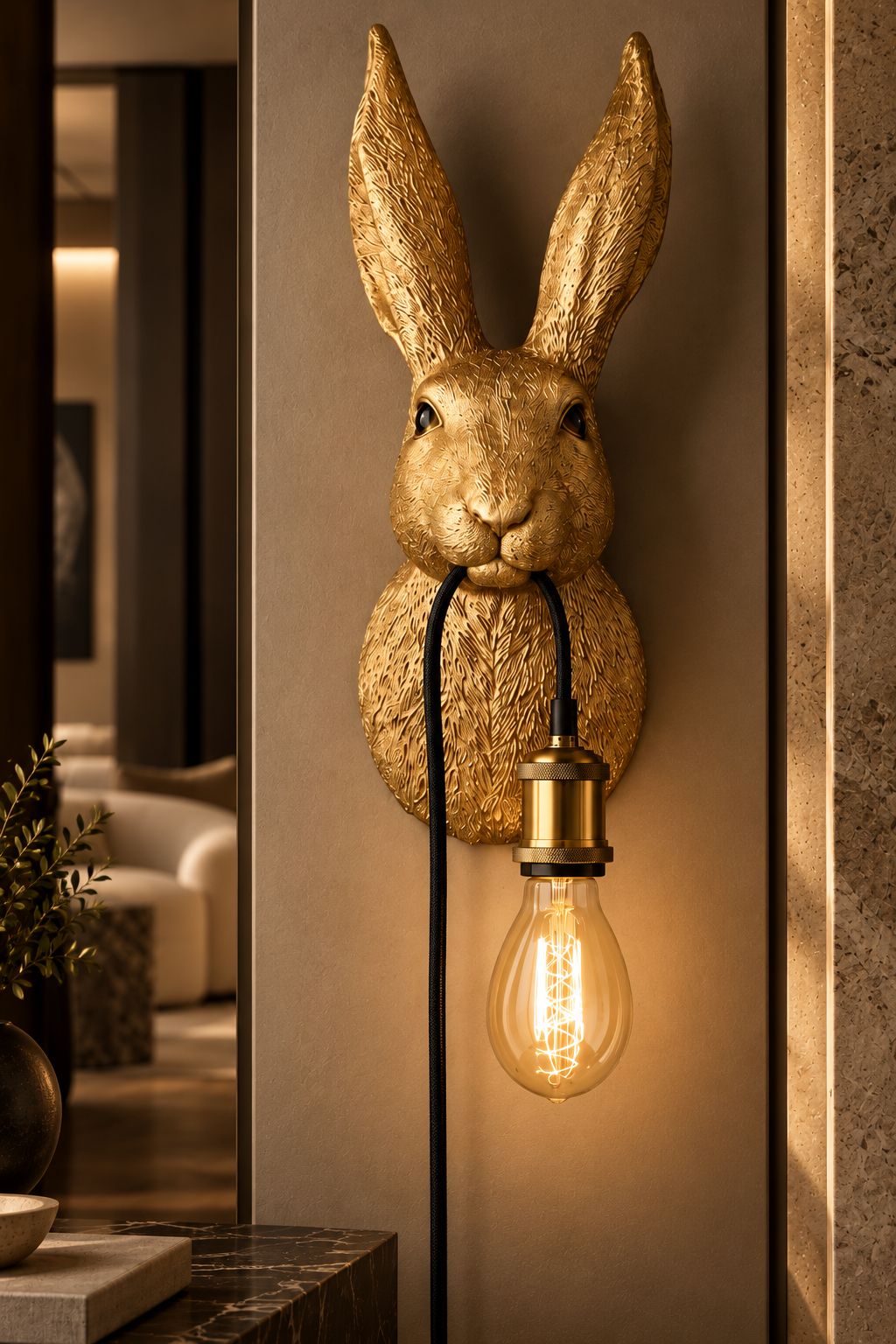 Applique murale Hasi en forme de lapin doré DUNE & CO avec ampoule suspendue, présentée dans un intérieur haut de gamme aux tons chauds.