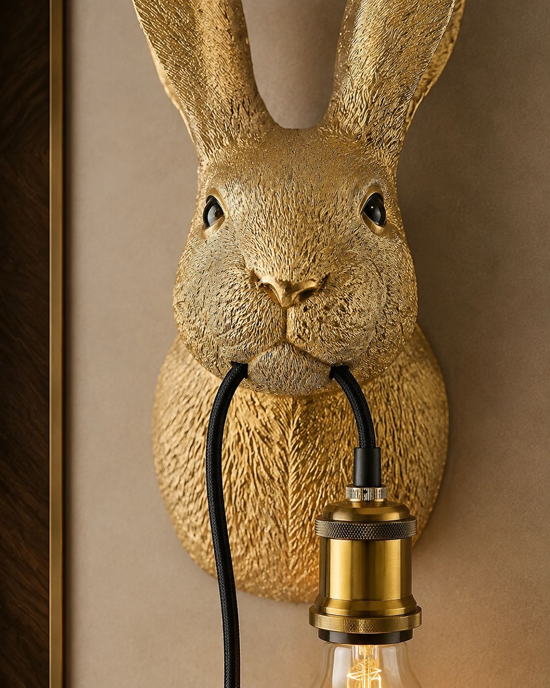 Applique murale Hasi en forme de lapin doré DUNE & CO avec ampoule suspendue, présentée dans un intérieur élégant aux tons chauds.