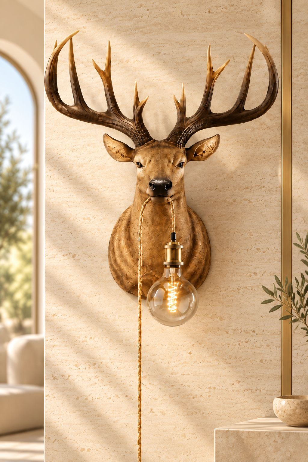 Applique murale Harry en forme de cerf sculptural DUNE & CO avec ampoule suspendue, présentée dans un intérieur haut de gamme aux tons chauds et naturels.