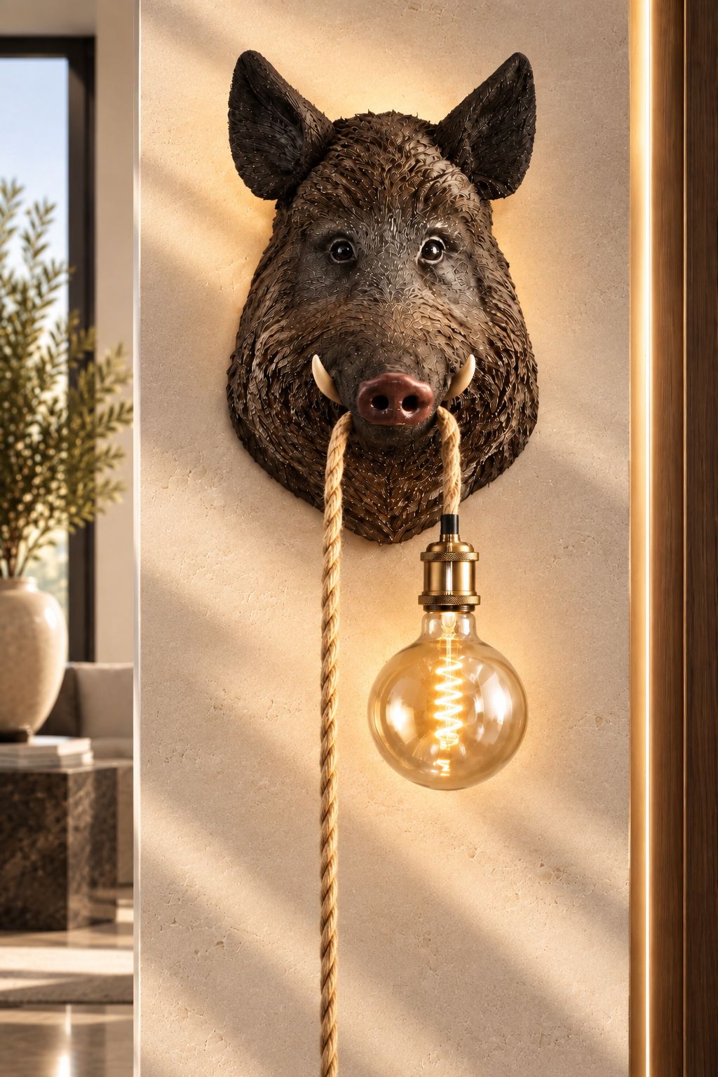 Applique murale Willy en forme de sanglier brun DUNE & CO avec corde naturelle et ampoule suspendue, présentée dans un intérieur haut de gamme aux tons chauds.

