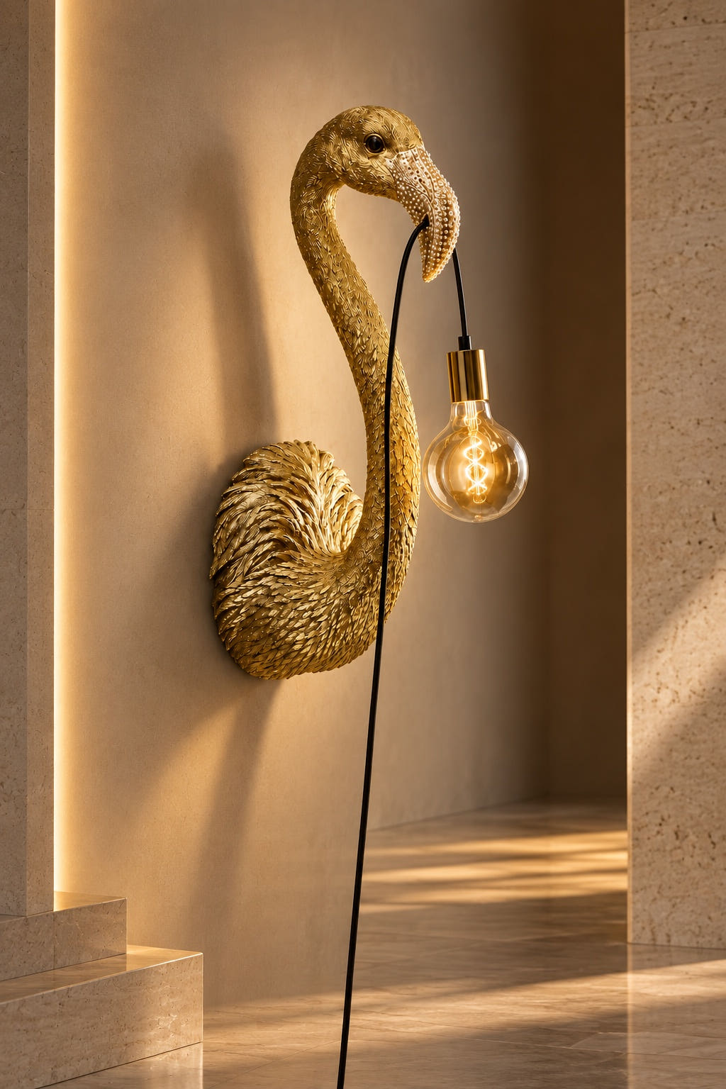 Applique Tiffany dorée DUNE & CO en forme d’oiseau sculptural avec ampoule à lumière ambrée, mise en scène dans un intérieur haut de gamme.