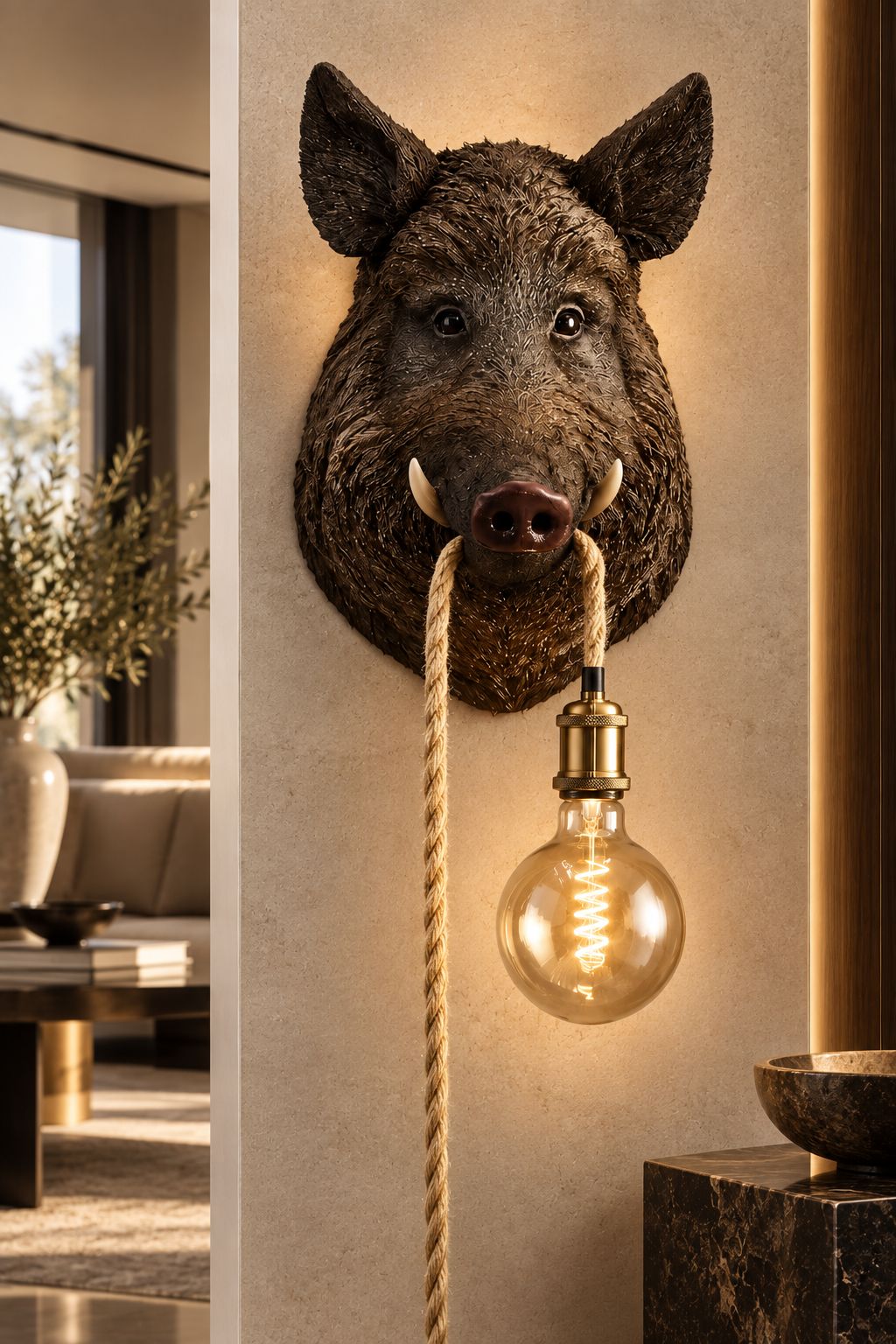 Applique Willy sanglier brun DUNE & CO avec corde naturelle et ampoule à lumière ambrée, mise en scène dans un intérieur contemporain élégant.
