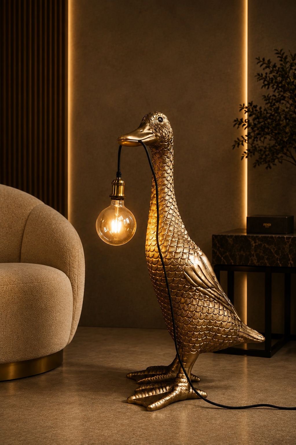 Lampadaire Ducky doré en résine et métal, sculpture lumineuse DUNE & CO