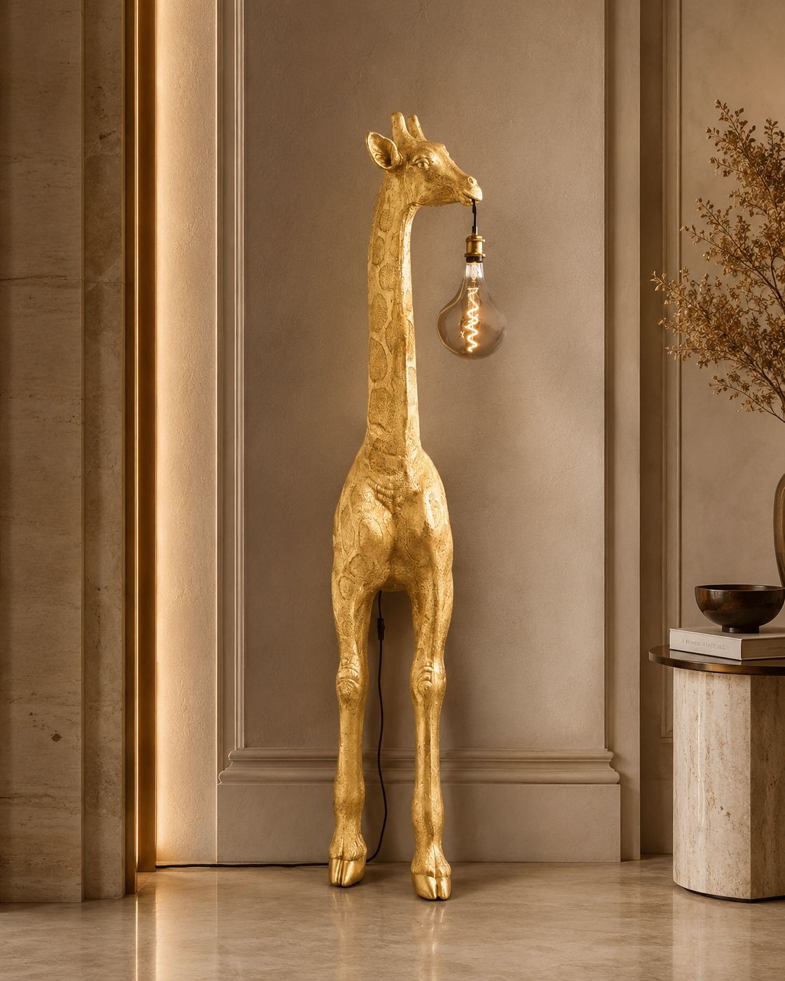 Lampadaire Girafe doré 198 cm allumé dans un intérieur en travertin — sculpture lumineuse DUNE & CO
