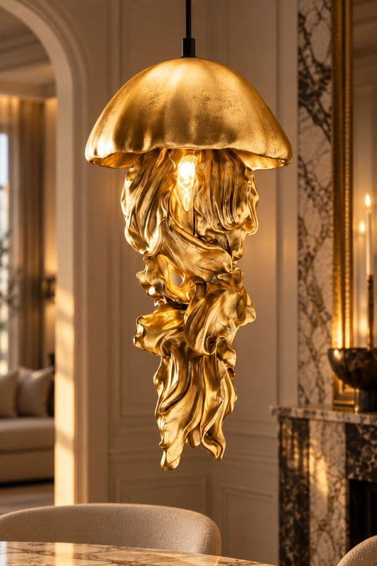 Lampadaire Ava doré DUNE & CO au design sculptural, présenté dans un intérieur haut de gamme aux tons chauds.