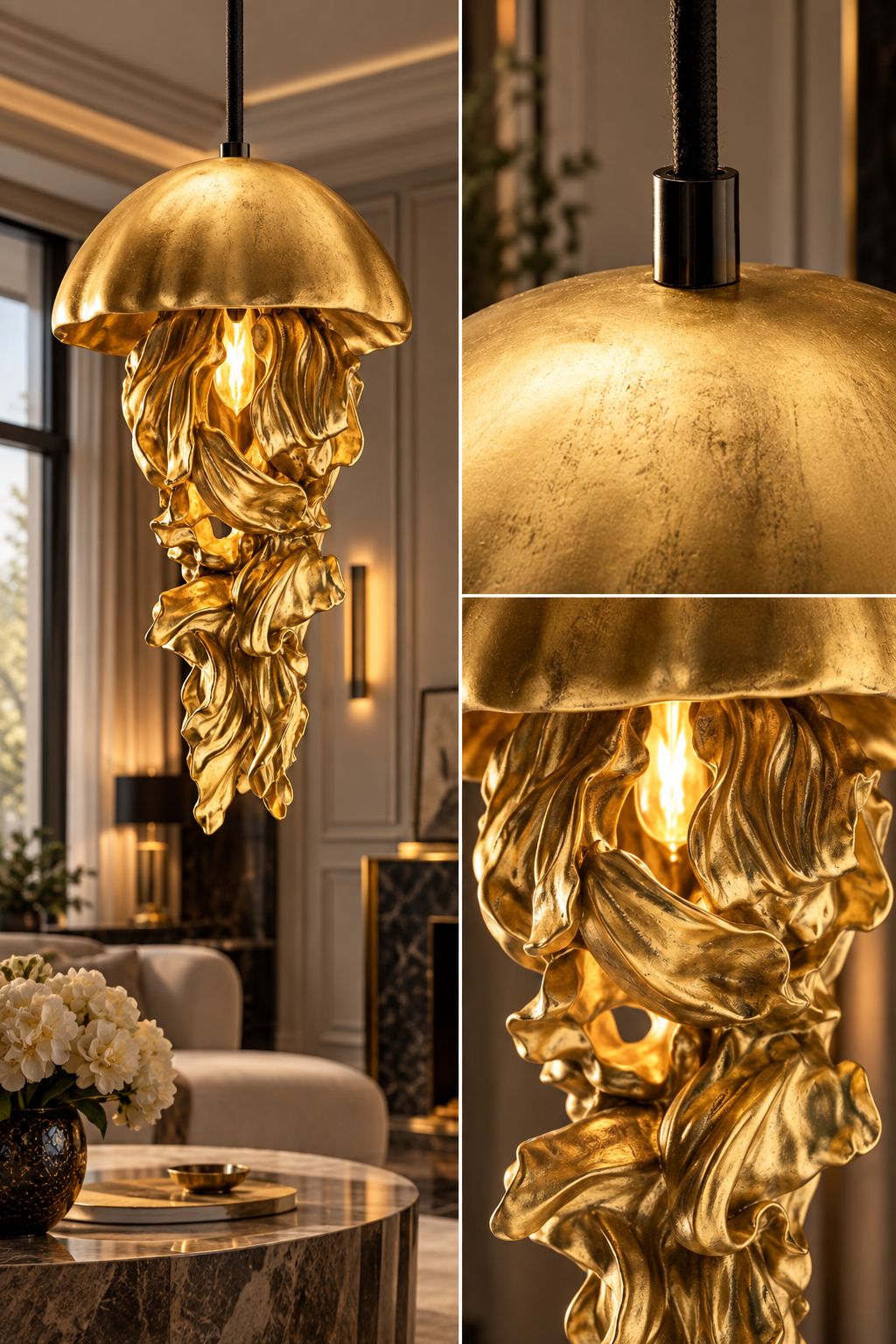 Lampadaire Ava DUNE & CO en finition dorée, présenté dans un intérieur raffiné avec pierre naturelle et lumière douce.