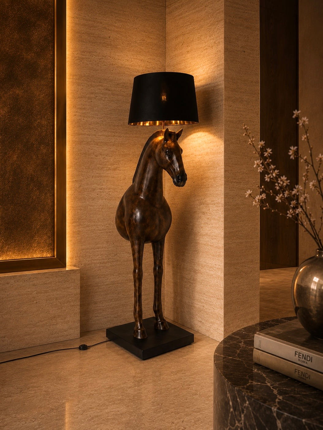 Lampadaire Cheval brun DUNE & CO dans un intérieur élégant aux tons chauds, avec abat-jour noir
