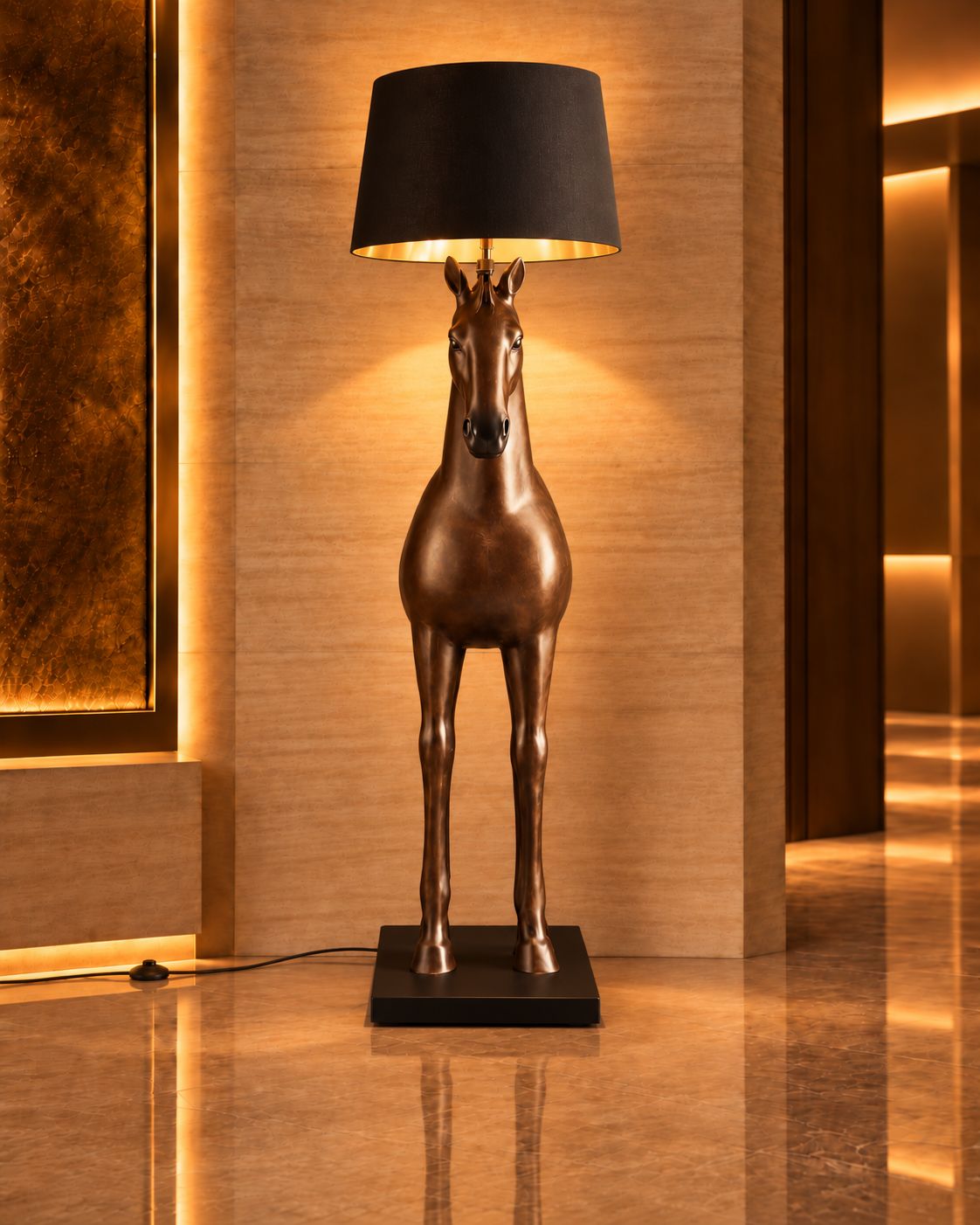 Lampadaire Cheval brun DUNE & CO avec abat-jour noir, présenté dans un intérieur élégant aux tons chauds et naturels.`
