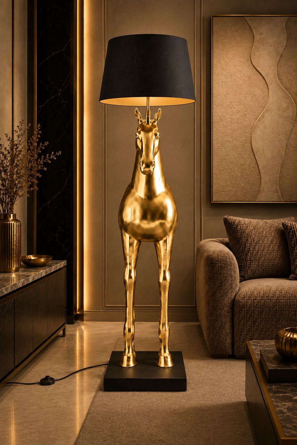 Lampadaire cheval doré sculptural avec abat-jour noir dans un intérieur contemporain élégant – DUNE & CO