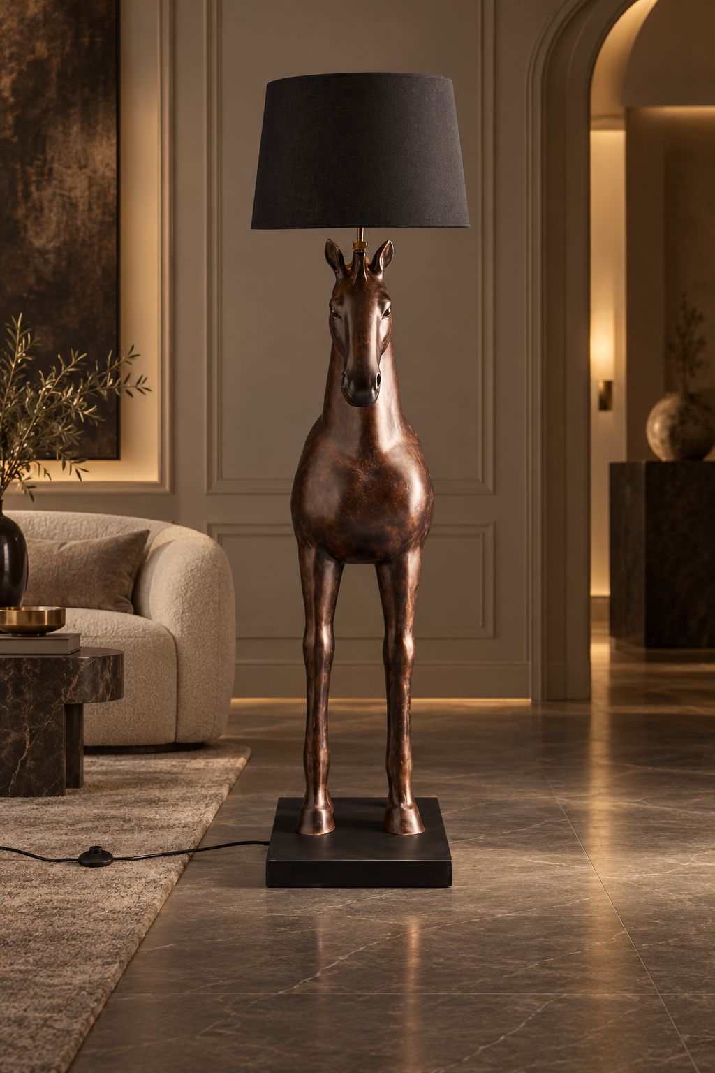 Lampadaire sculptural Cheval édition brun DUNE & CO, mis en scène dans un décor haut de gamme en pierre et bois.