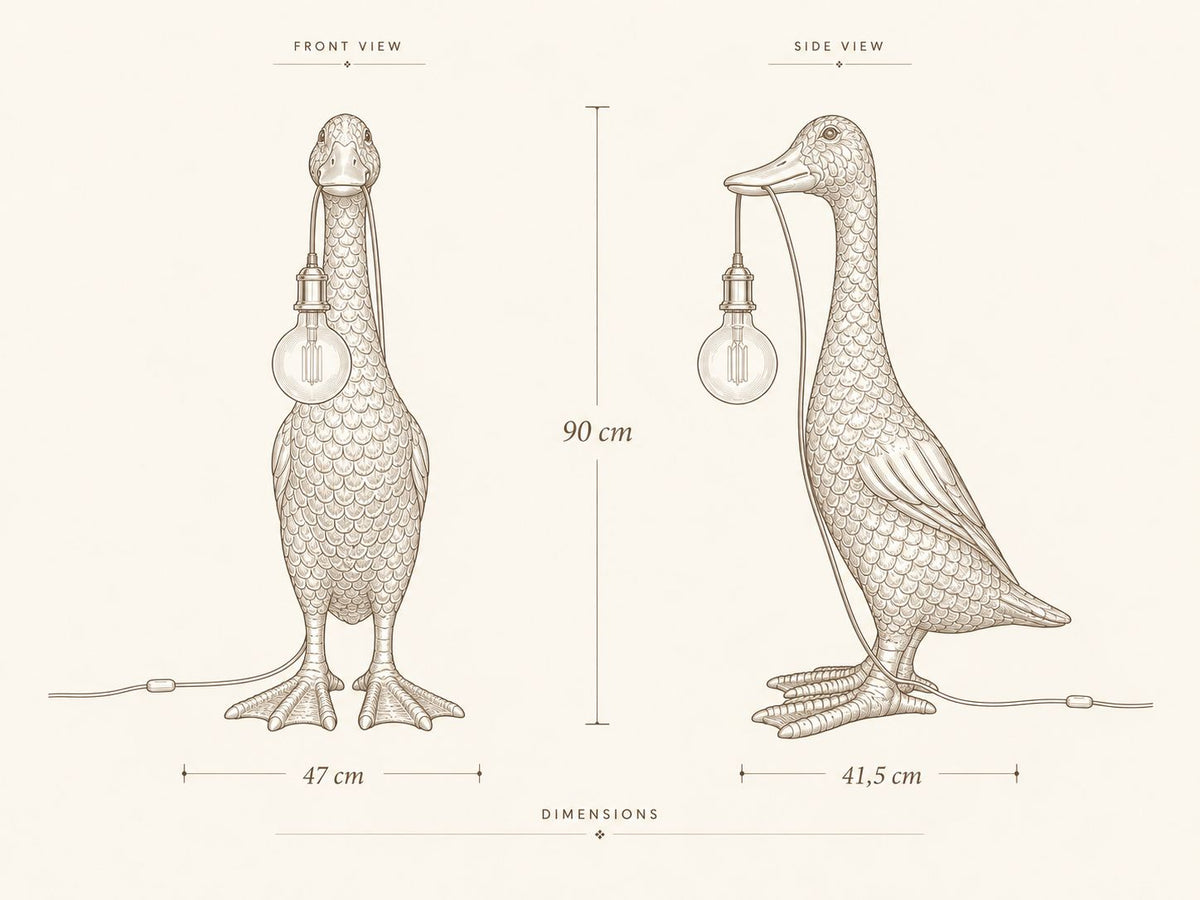Schéma des dimensions du lampadaire Ducky doré DUNE & CO, 90 cm de hauteur, 47 cm de largeur et 41,5 cm de profondeur.