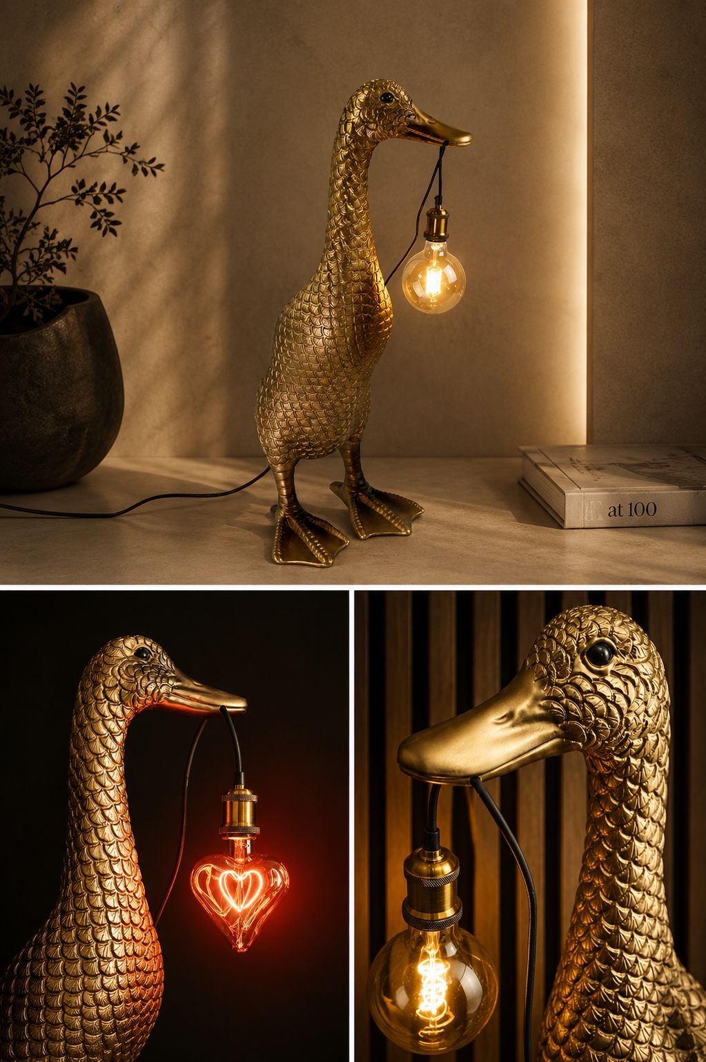 Lampadaire Ducky doré présenté comme pièce sculpturale dans un intérieur DUNE & CO