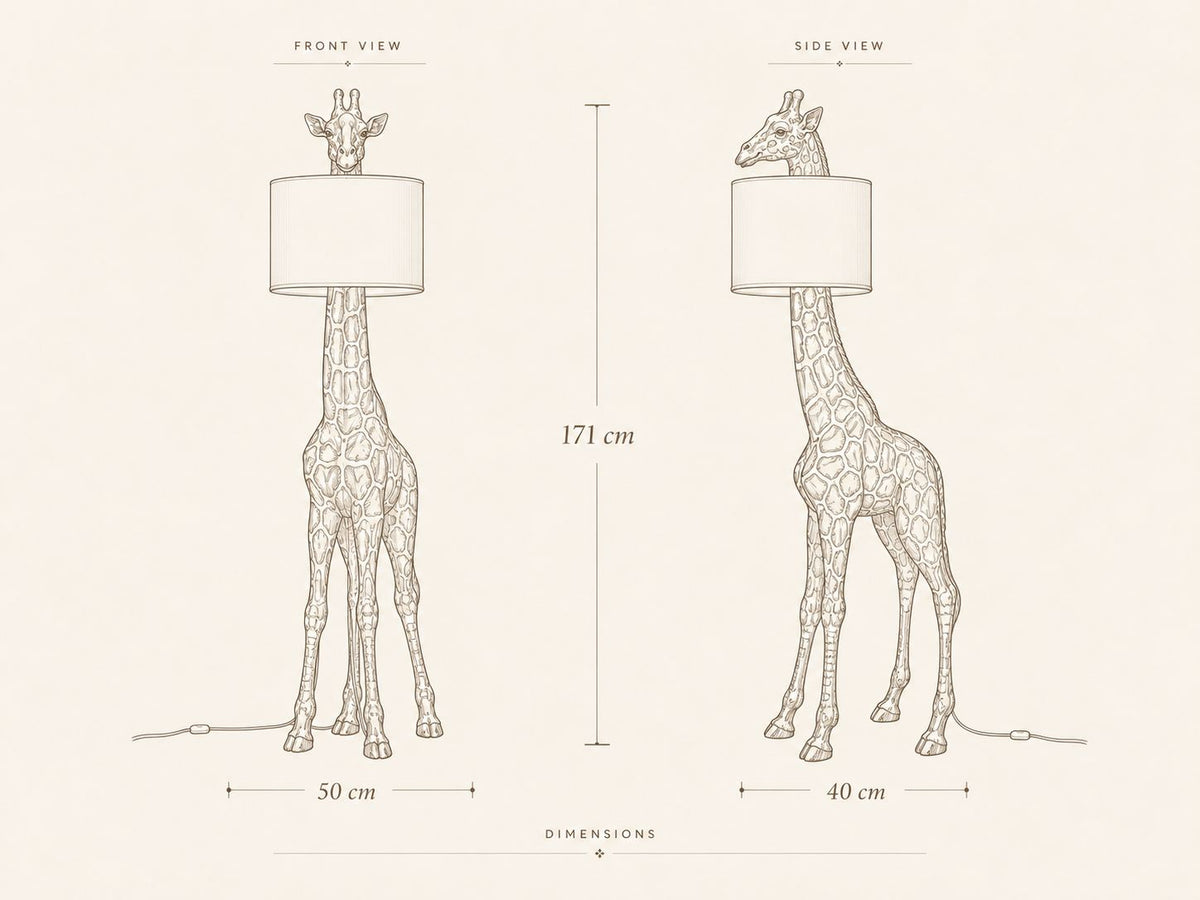 Schéma des dimensions du lampadaire girafe doré DUNE & CO, 171 cm de hauteur, 50 cm de largeur et 40 cm de profondeur.
