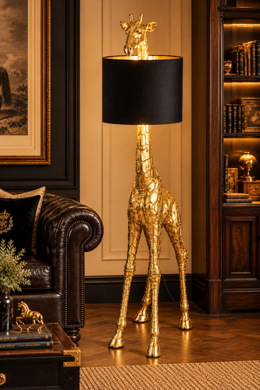 Lampadaire girafe doré DUNE & CO avec abat-jour noir, présenté dans un intérieur élégant en bois sombre et cuir, avec la sculpture mise au premier plan.