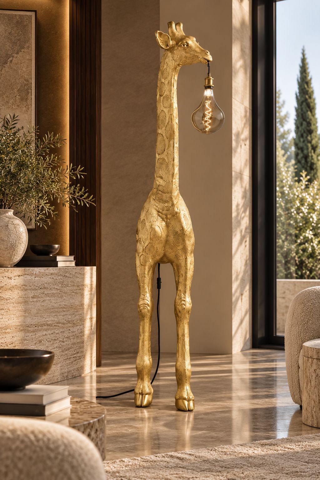 Lampadaire Girafe dorée DUNE & CO avec ampoule suspendue, présenté dans un intérieur haut de gamme aux tons naturels.