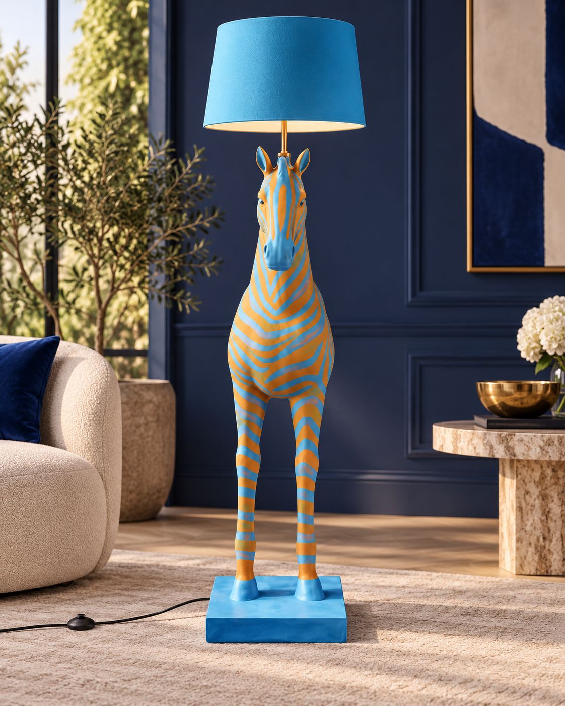 Détail des rayures bleu et orange du lampadaire Zebra Zora DUNE & CO, mettant en valeur la finition de la sculpture.