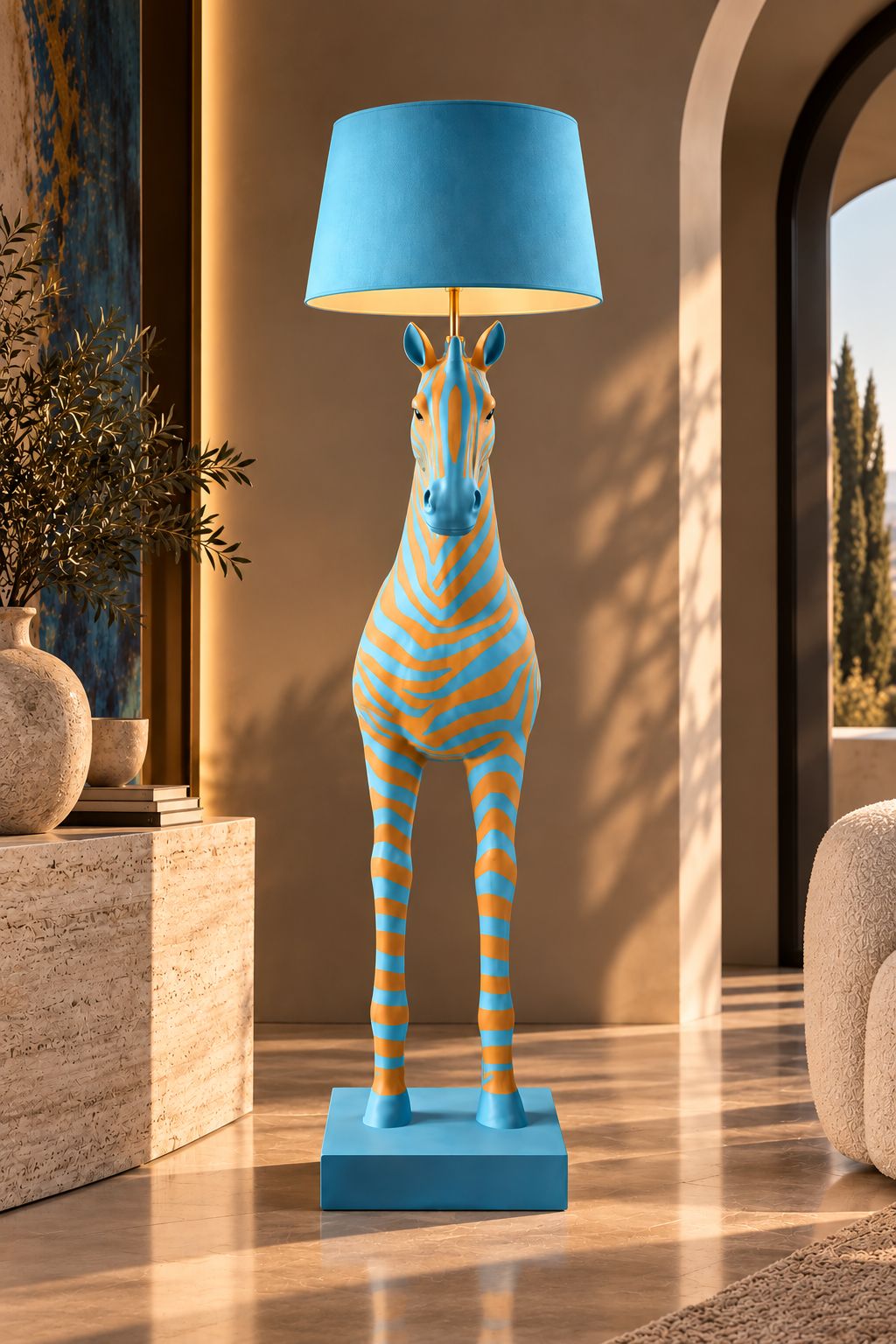 Lampadaire zèbre bleu et orange DUNE & CO dans un intérieur contemporain haut de gamme aux tons chauds et 