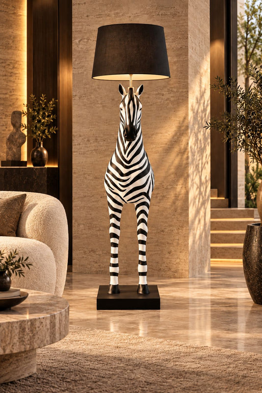 Lampadaire Zèbre noir et blanc DUNE & CO avec abat-jour noir, présenté dans un intérieur contemporain haut de gamme aux tons pierre et bois