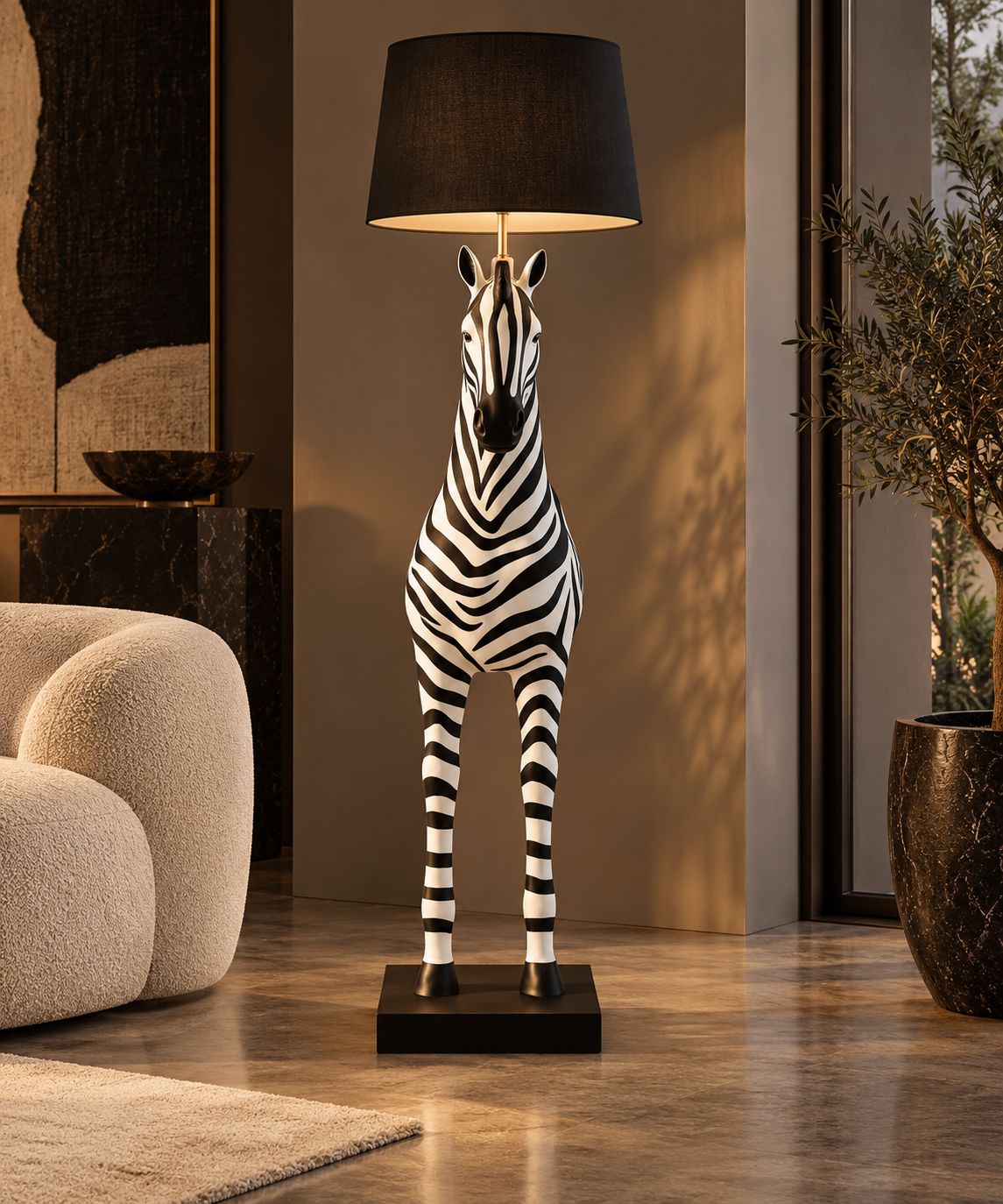 Lampadaire Zèbre noir et blanc DUNE & CO avec abat-jour noir, présenté dans un intérieur élégant et haut de gamme.