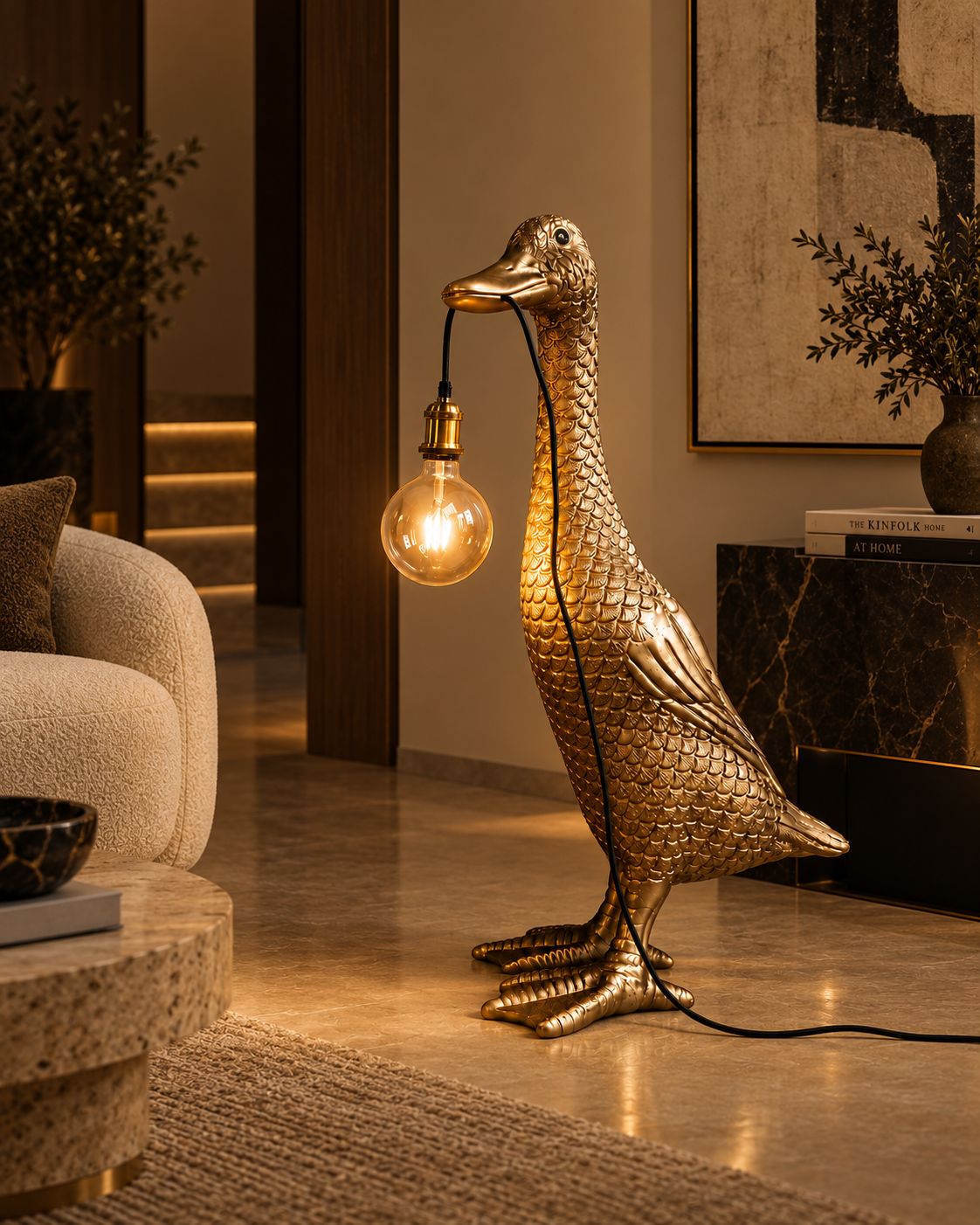 Lampe canard dorée DUNE & CO dans un intérieur chaleureux et raffiné, avec ampoule apparente allumée et ambiance élégante.