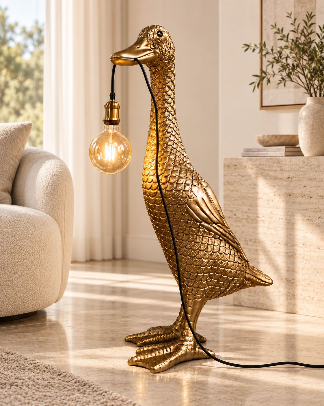 Lampe canard dorée DUNE & CO mise en valeur dans un intérieur clair et luxueux, avec ampoule visible allumée et présence sculpturale affirmée.