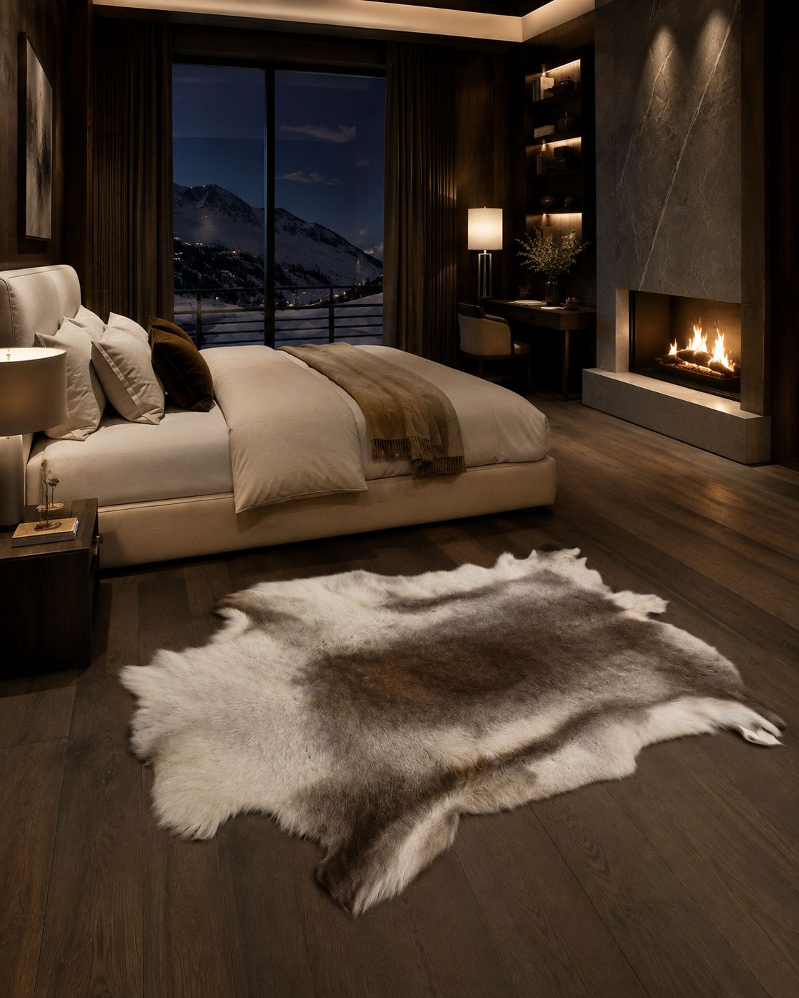 Peau de renne crème et marron de Finlande dans un salon haut de gamme avec cheminée en travertin et mobilier aux tons chauds.