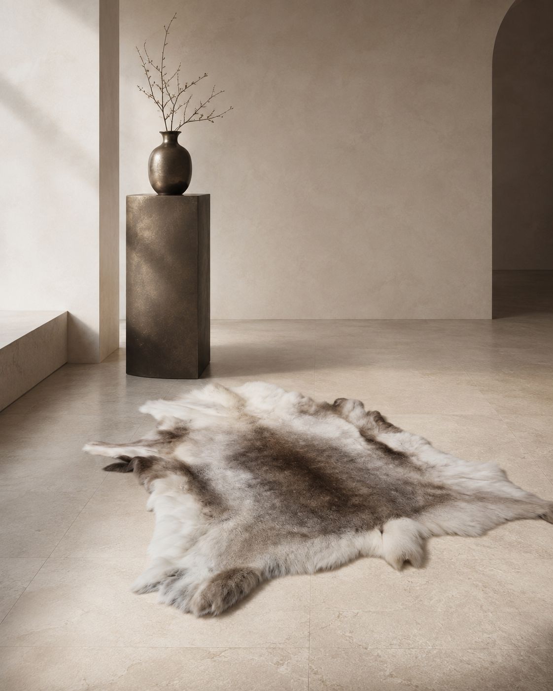 Peau de renne crème et marron de Finlande présentée sur un sol en pierre claire dans un intérieur minimaliste et élégant.