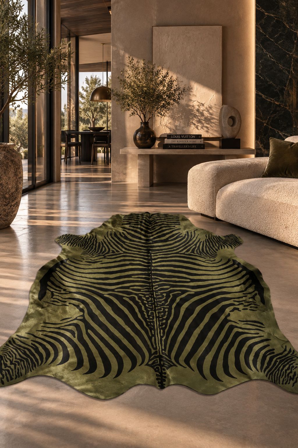 Peau de vache kaki façon zèbre 210 x 190 cm dans un intérieur DUNE & CO haut de gamme