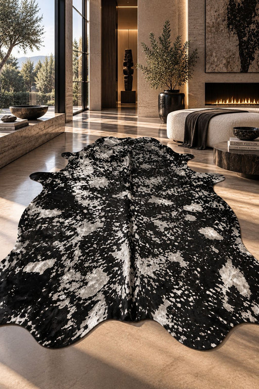 Peau de vache noire acidulée argent 210 x 190 cm dans un intérieur DUNE & CO haut de gamme