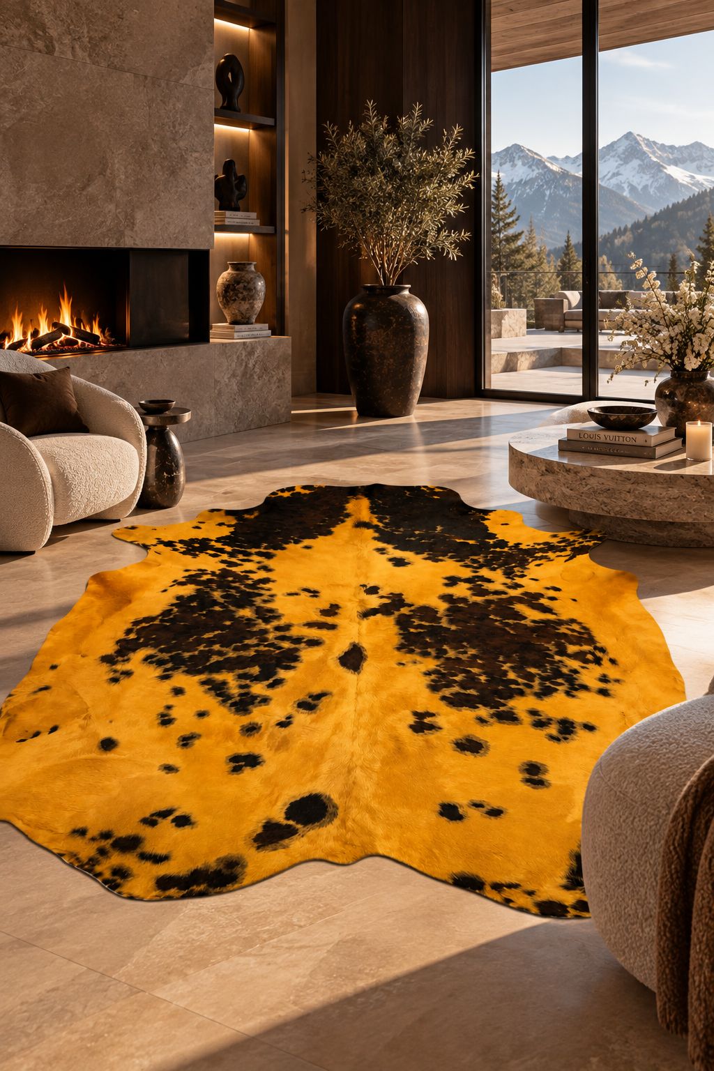 Peau de vache normande moutarde 210 x 190 cm dans un salon chalet haut de gamme avec cheminée et vue montagne