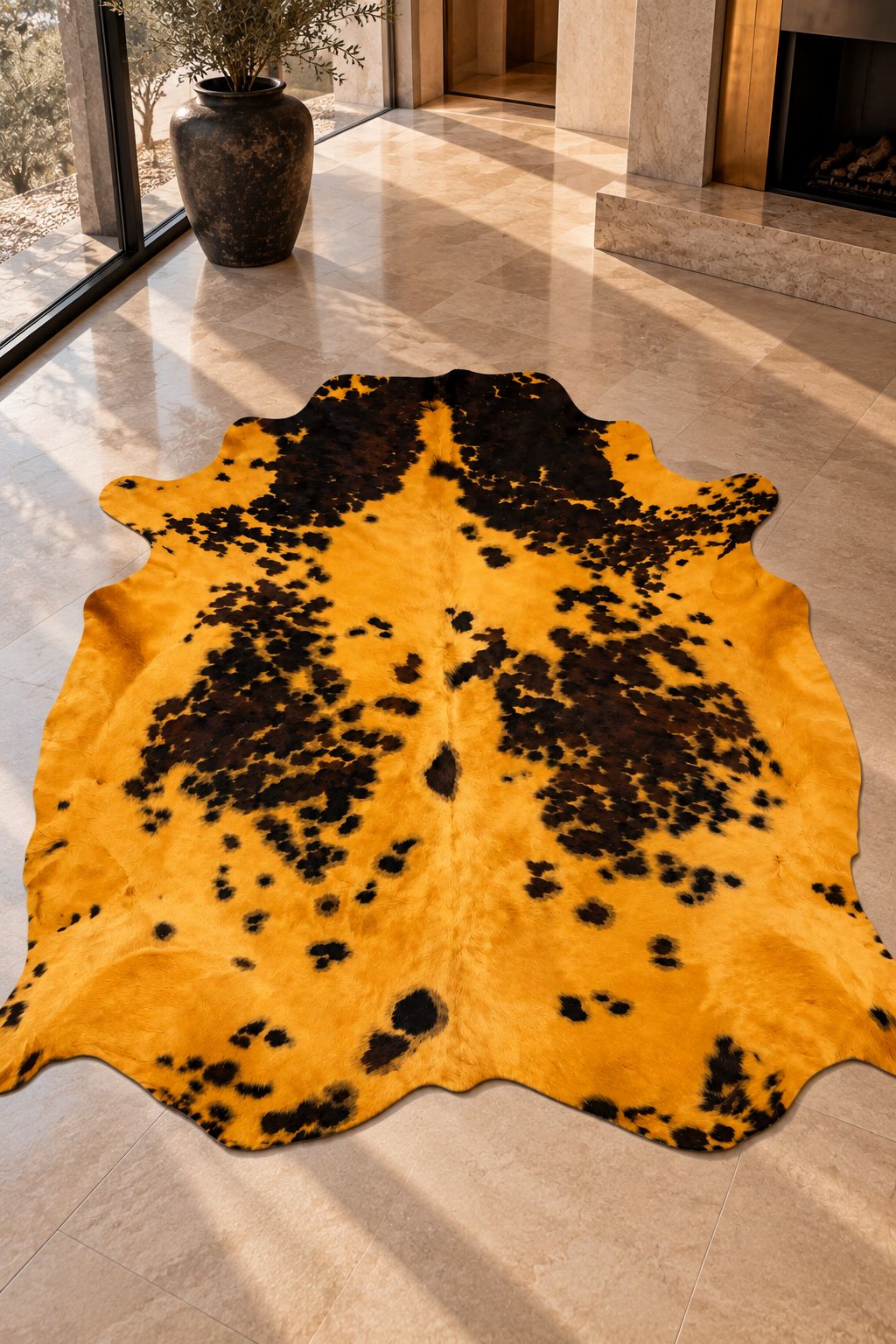 Peau de vache normande moutarde 210 x 190 cm présentée à plat dans un intérieur haut de gamme DUNE & CO