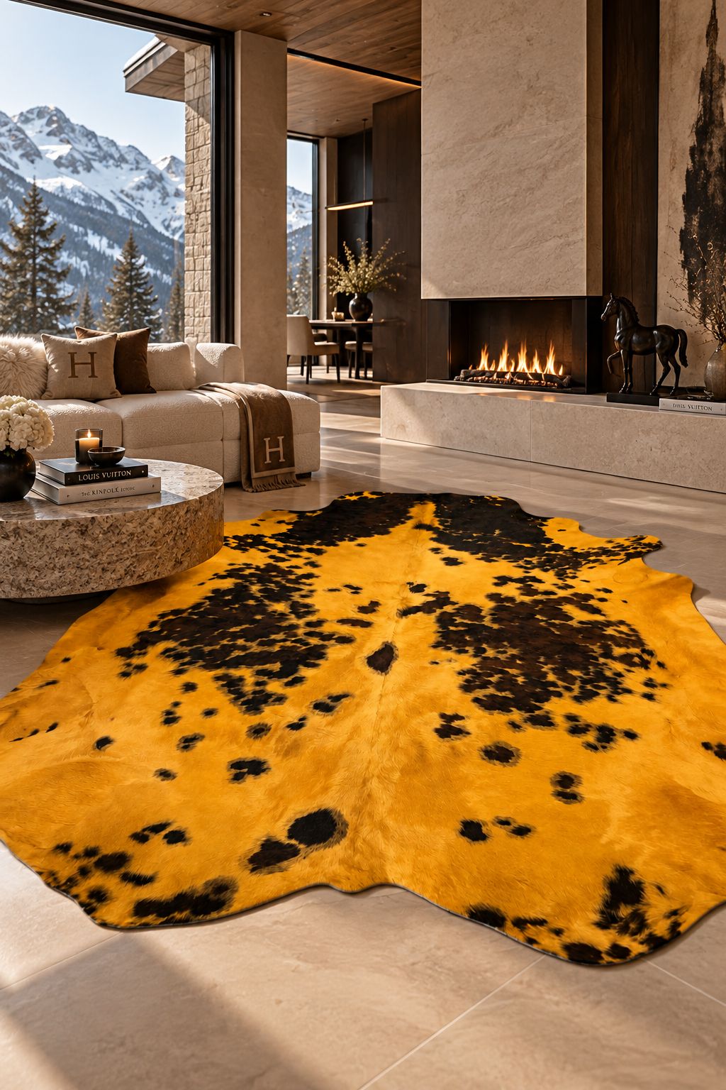 Peau de vache normande moutarde dans un salon contemporain haut de gamme avec cheminée et vue montagne