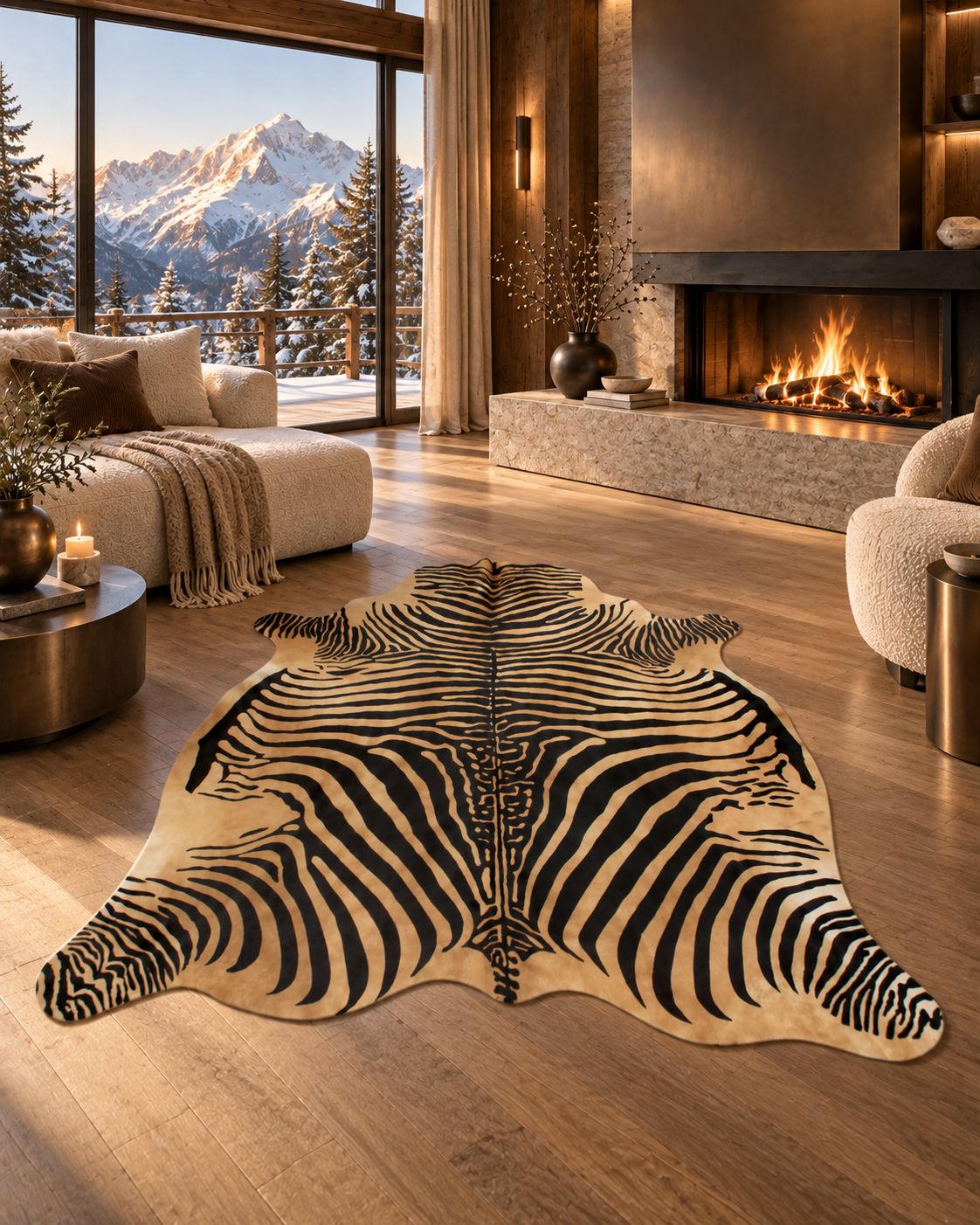 Peau de vache zèbre beige 210 x 190 cm dans un chalet contemporain haut de gamme